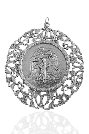 Medalla de cuna en plata de ley con  ángel de la guarda y niño Jesús.